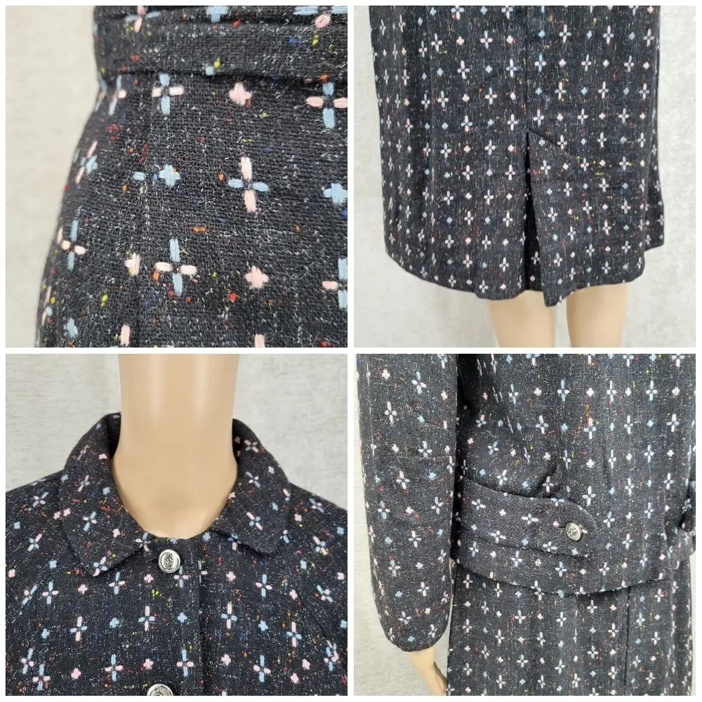 60s Vintage Handmade Tailored Wool Matching Skirt Suit Set Black with Pink Blue